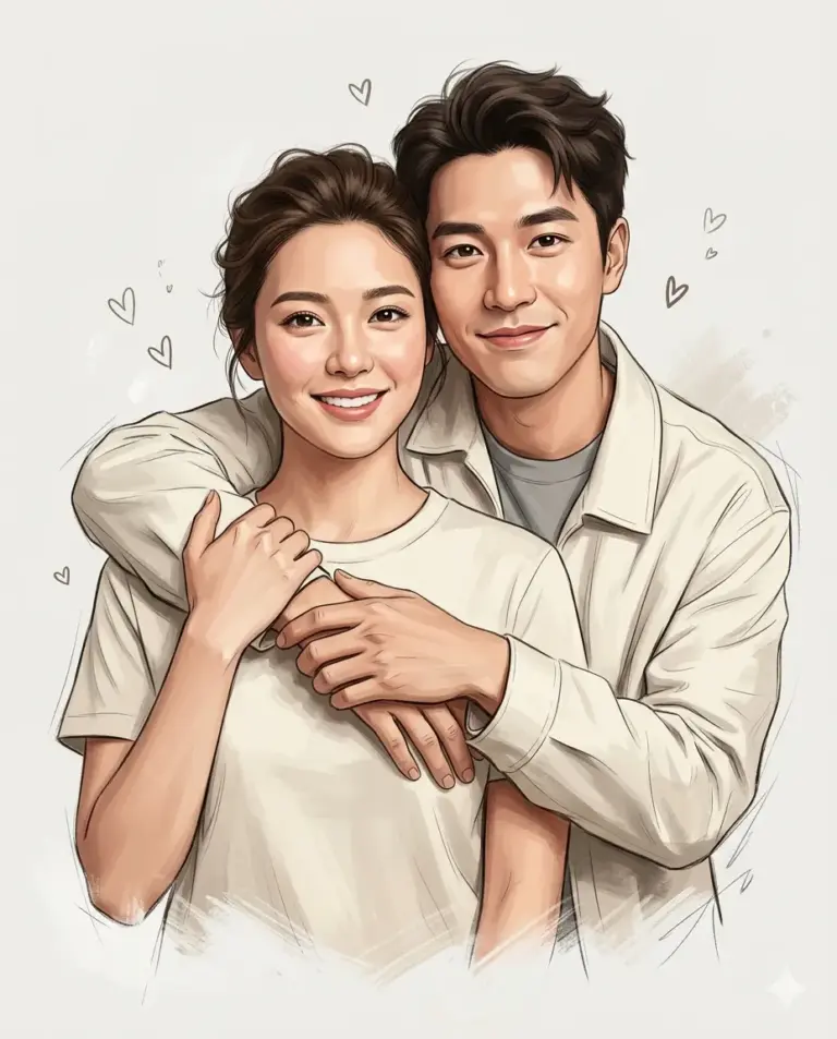 A digital illustration of a smiling young couple embracing, with small hand-drawn hearts floating around them.