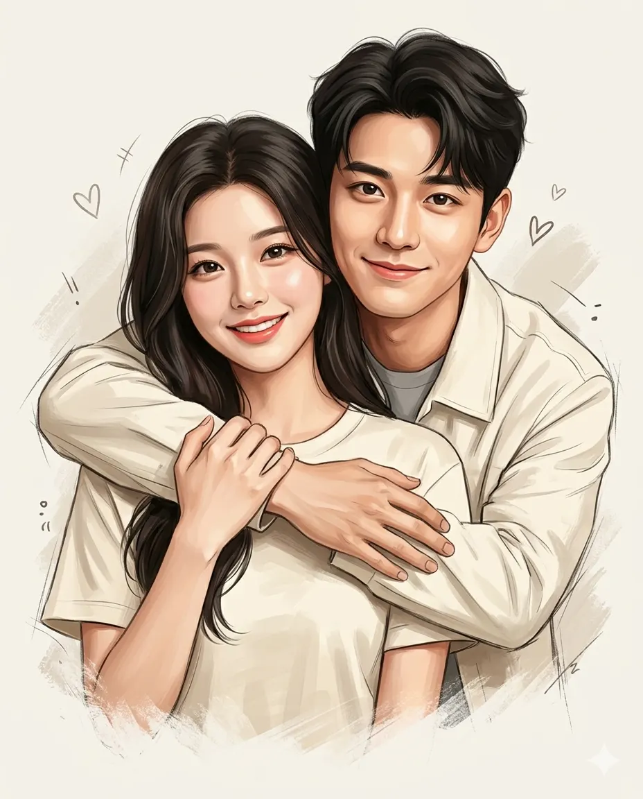 Smiling Couple Sketch Art Prompt. AI generated illustrated portrait of a smiling man hugging a smiling woman from behind against a light, sketch-style background.