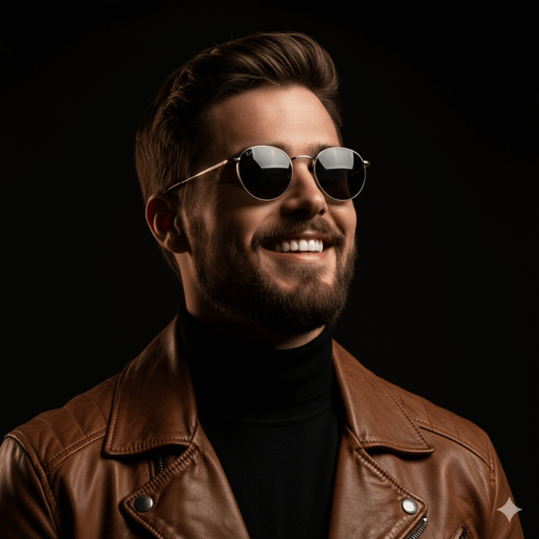 A stylish bearded man in a brown leather jacket and round sunglasses smiles against a black background.