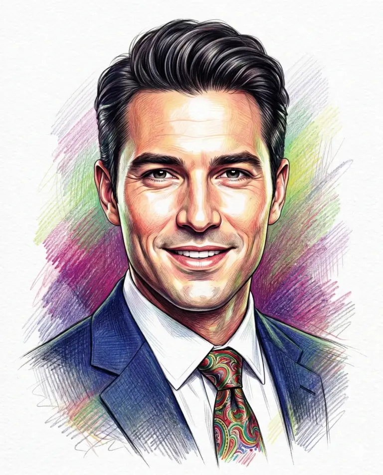 Smiling Man in Blue Suit AI Photo Editing Prompt. AI generated colored pencil sketch portrait of a smiling man with styled dark hair, a blue suit jacket, and a colorful paisley tie.