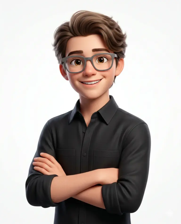 AI generated digital illustration of a young boy with glasses smiling and arms crossed.