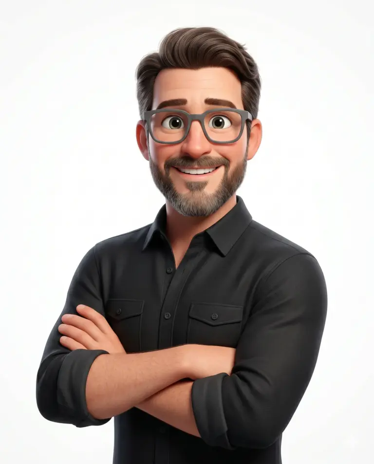 3D Smiling Man Avatar AI Prompt. AI generated 3D digital illustration of a smiling man with a beard and glasses wearing a black shirt with arms crossed against a white background.