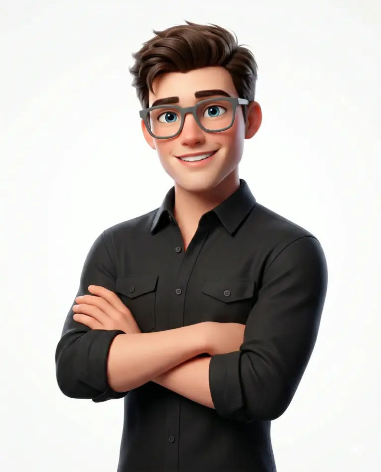 Stylish 3D Male Avatar in Black Shirt AI Photo Editing Prompt. AI generated 3D digital illustration of a smiling young man with brown hair and grey glasses posing with arms crossed against a white background.