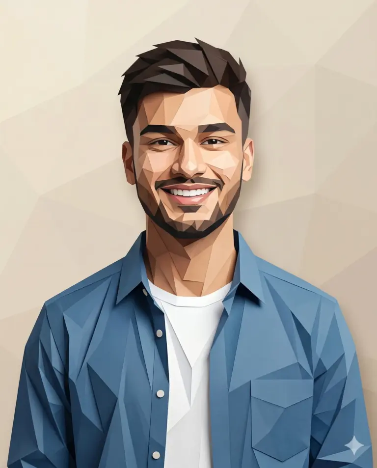 Smiling Man in Low-Poly Style AI Prompt. AI generated geometric digital portrait of a young man with a wide smile, wearing a faceted blue denim button-down shirt and white t-shirt.