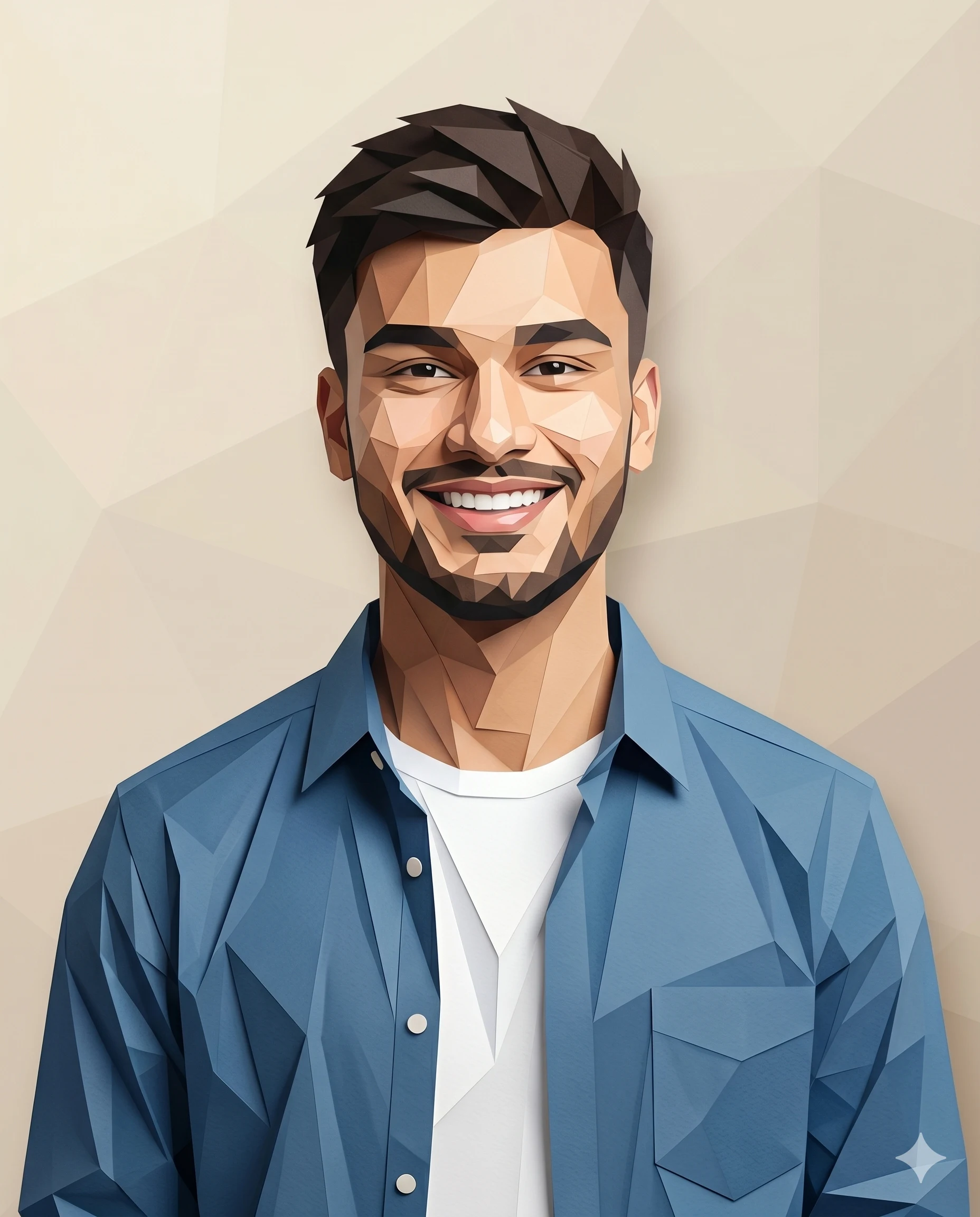 Smiling Man in Low-Poly Style AI Prompt. AI generated geometric digital portrait of a young man with a wide smile, wearing a faceted blue denim button-down shirt and white t-shirt.