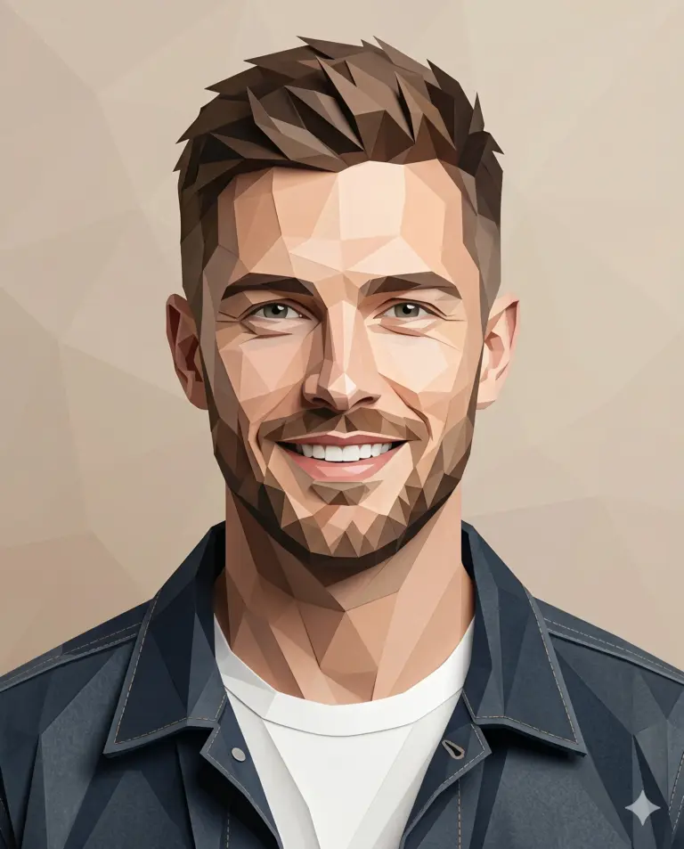 Geometric Smiling Man in Denim Jacket AI Photo Editing Prompt. AI generated low-poly digital illustration of a smiling bearded man in a denim jacket against a neutral geometric background.