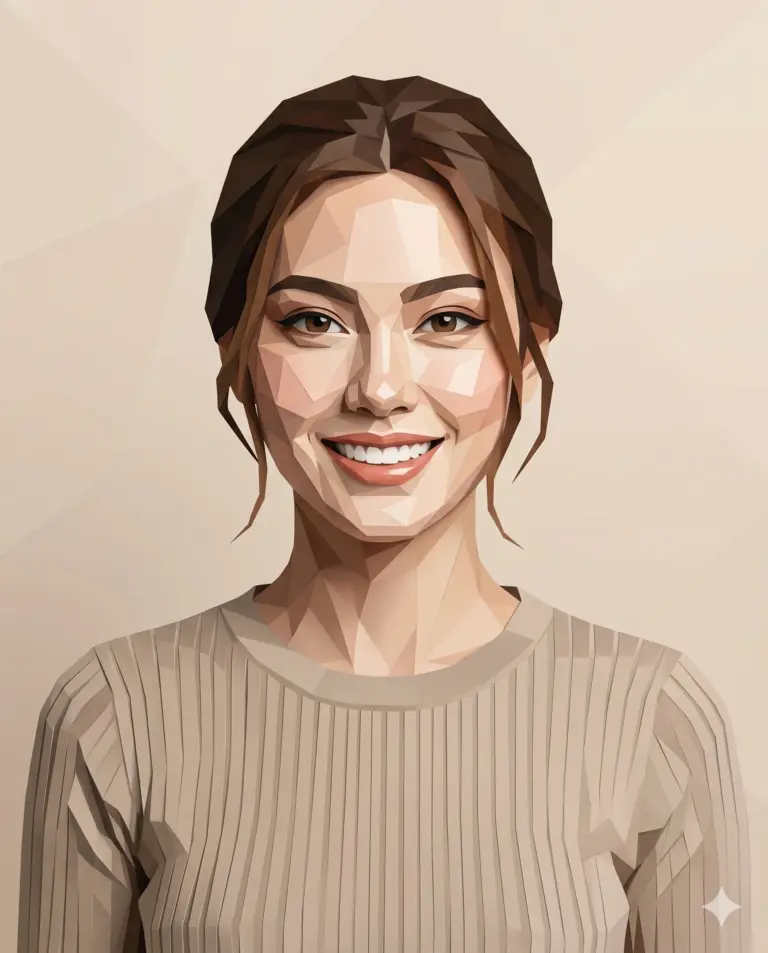 Low Poly Woman Portrait Art AI Photo Editing Prompt. AI generated digital illustration of a smiling woman in a geometric low-poly art style wearing a beige ribbed sweater.
