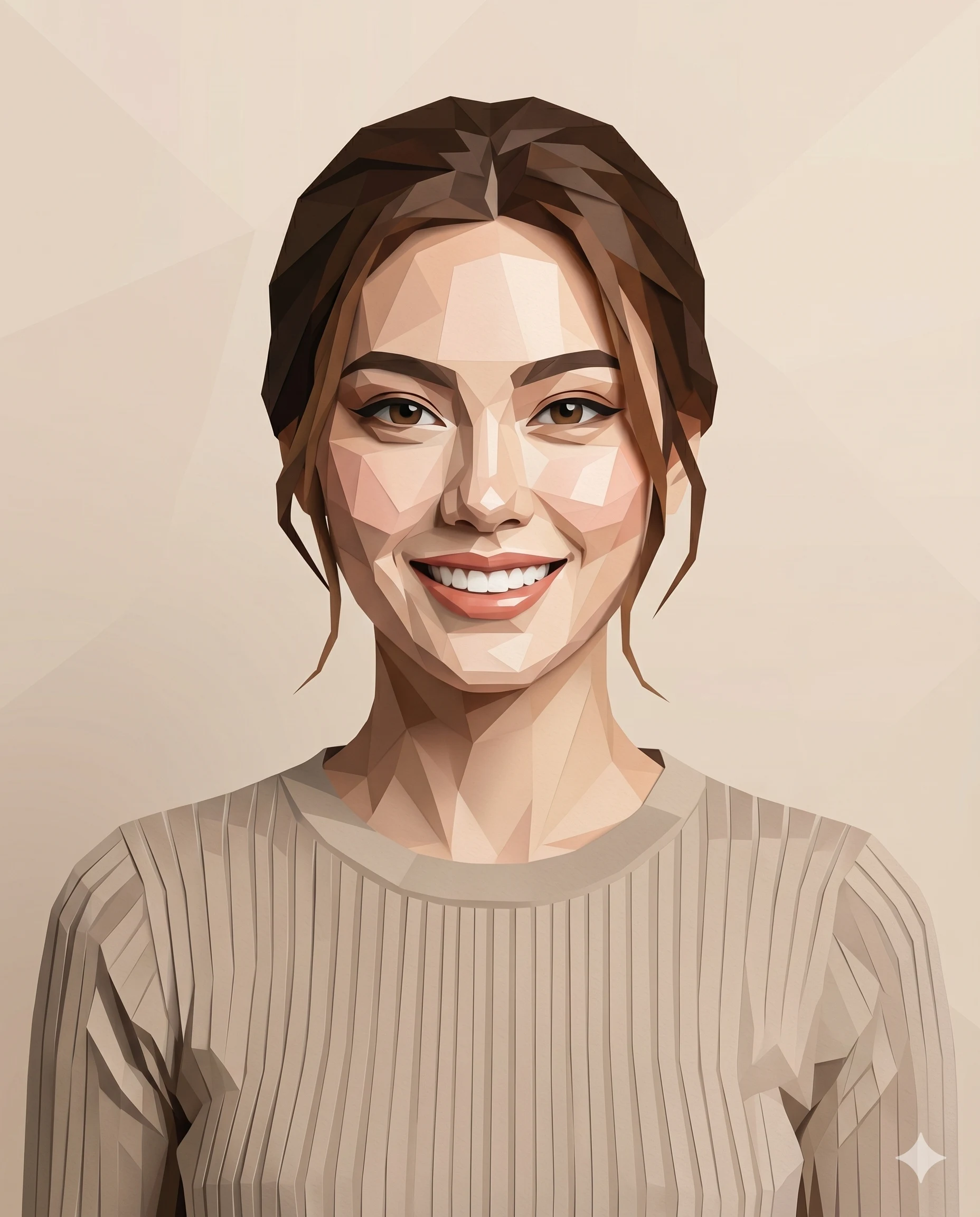Low Poly Woman Portrait Art AI Photo Editing Prompt. AI generated digital illustration of a smiling woman in a geometric low-poly art style wearing a beige ribbed sweater.