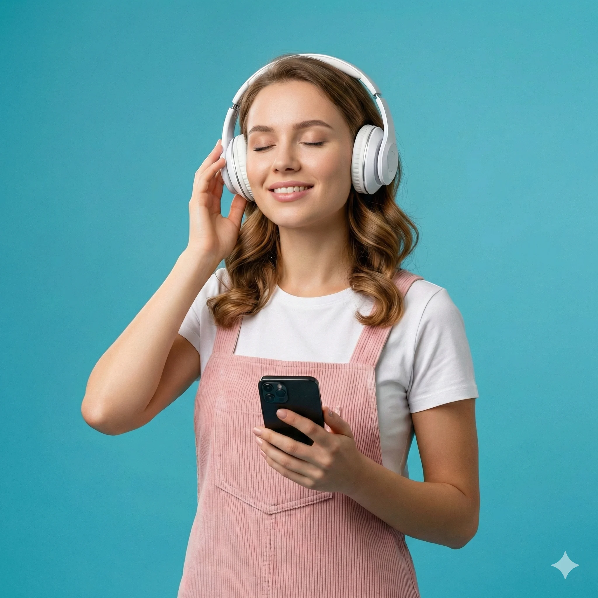 Smiling woman in pink overalls and white headphones, eyes closed while holding a phone against a vibrant teal background.