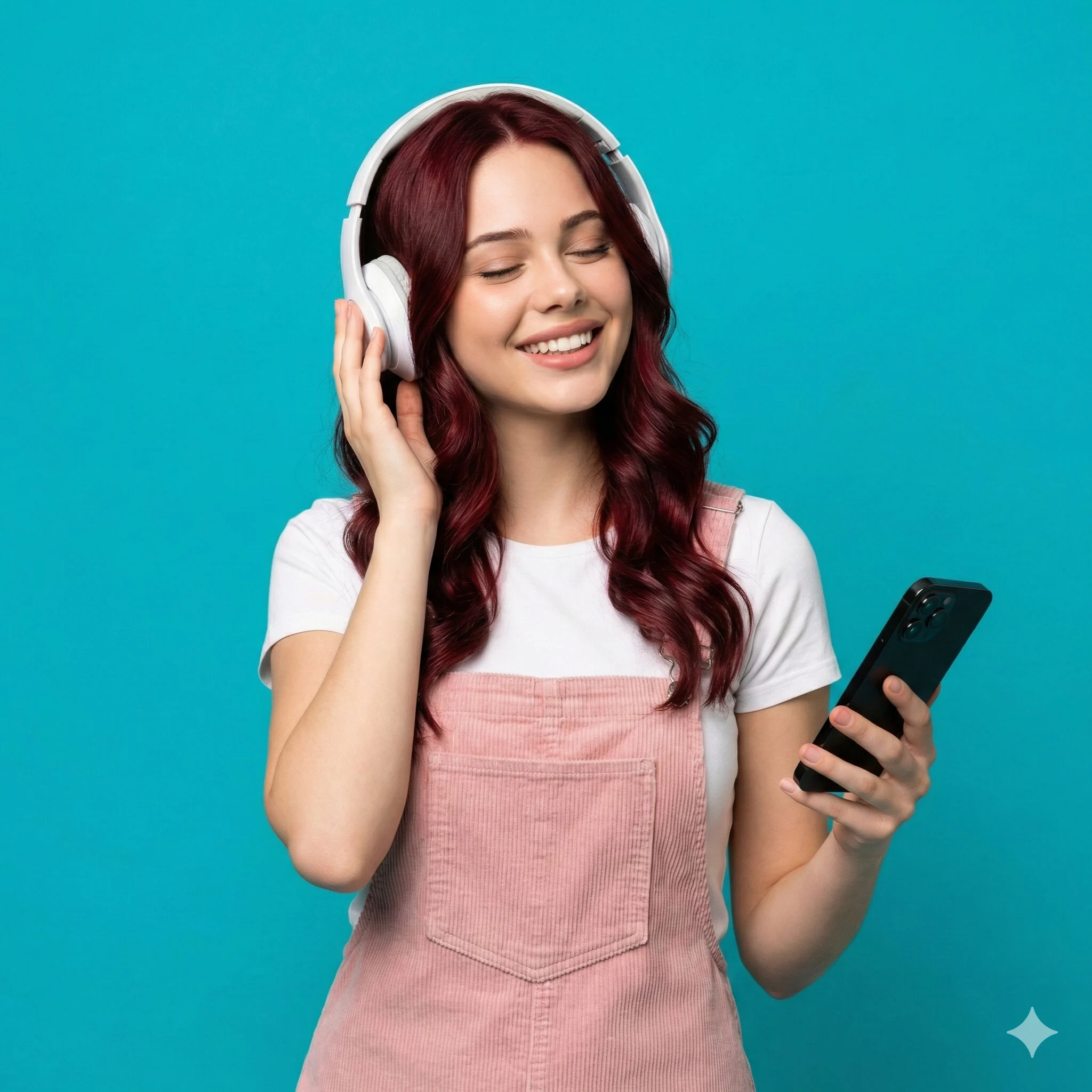 A smiling woman with wavy red hair wears white headphones and pink overalls. She holds a smartphone against a solid teal background.