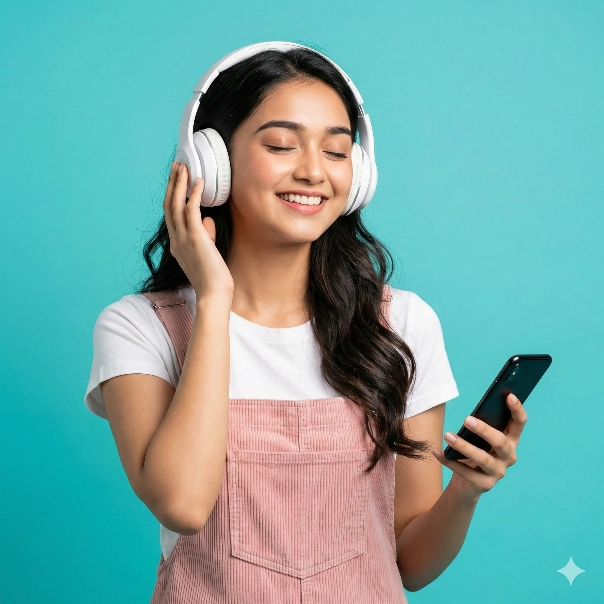 Happy woman with long dark hair wearing white headphones and pink overalls, holding a phone with eyes closed against a bright teal background.