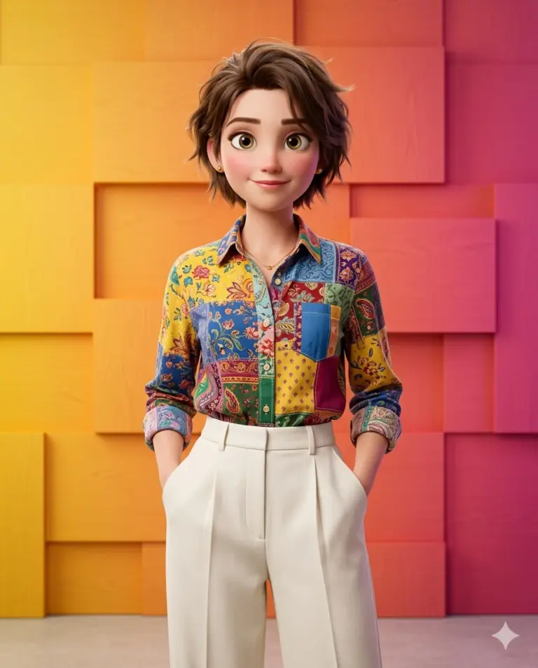 Cartoon Woman in Patchwork Shirt AI Photo Editing Prompt. AI generated digital character portrait of a woman in a colorful patchwork shirt and white pants.