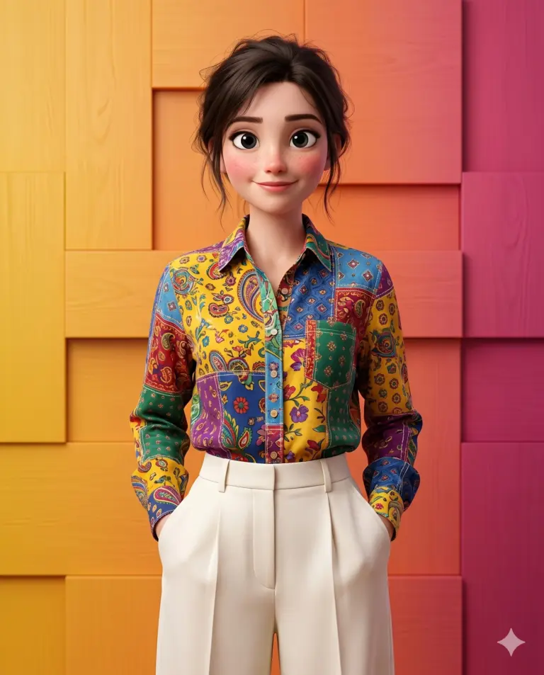 Woman in Vibrant Patchwork Shirt AI Photo Editing Prompt. AI generated 3D character portrait of a smiling woman in a colorful patchwork paisley shirt and white trousers with hands in pockets, posed against a warm-toned geometric wall.