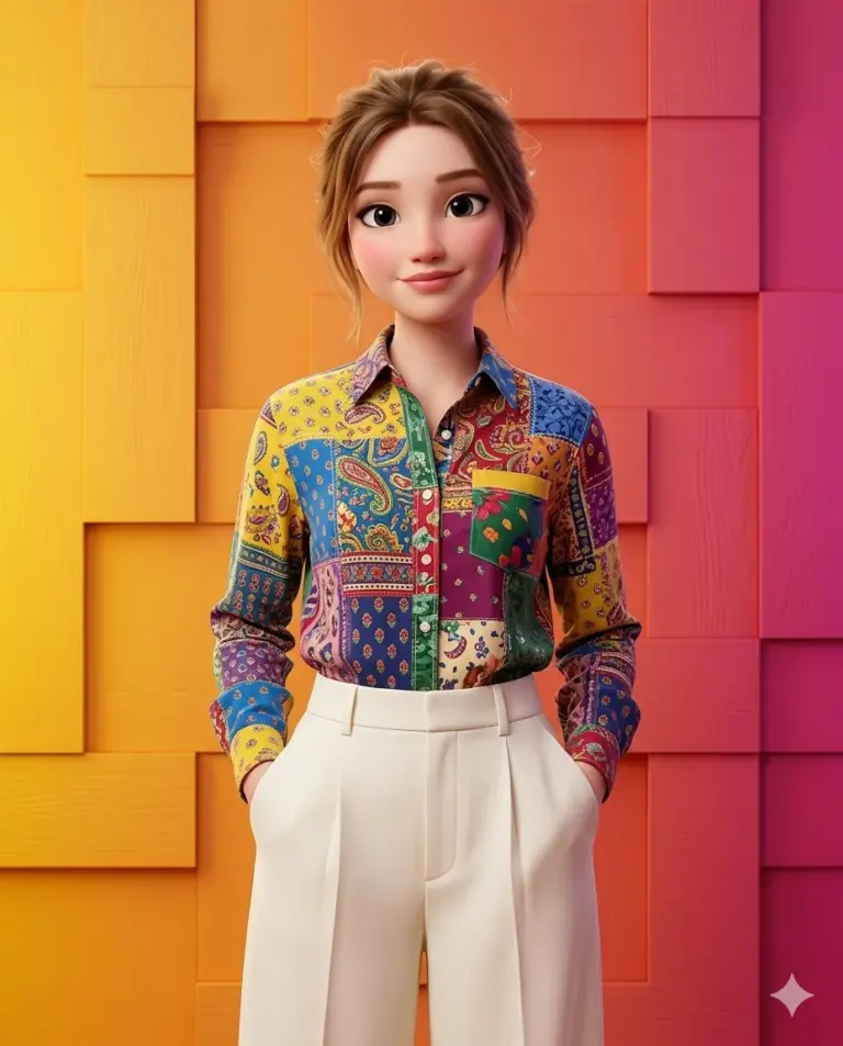 Pixar-style 3D character portrait of a young woman in a trendy patterned button-down shirt and cream-colored high-waisted pants, high-fidelity digital art against a colorful 3D block background.