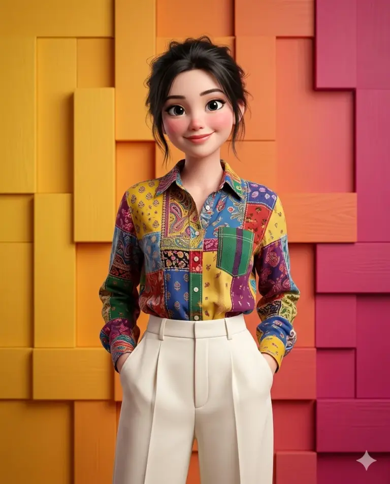A 3D Pixar-style caricature of a woman in a colorful patchwork shirt and white trousers standing against a multi-colored block wall.