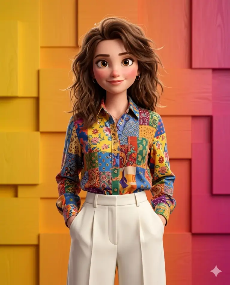 Woman with Wavy Hair in Patchwork Shirt AI Photo Editing Prompt. AI generated 3D digital illustration of a smiling woman with wavy brown hair wearing a vibrant patchwork shirt and white pants against a multi-colored paneled background.
