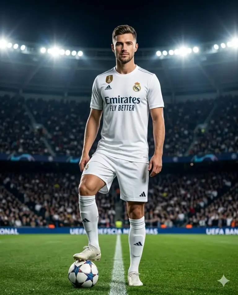 Real Madrid Player in Stadium AI Photo Editing Prompt. AI generated cinematic portrait of a man in a white football kit standing with a soccer ball on a pitch under stadium lights.