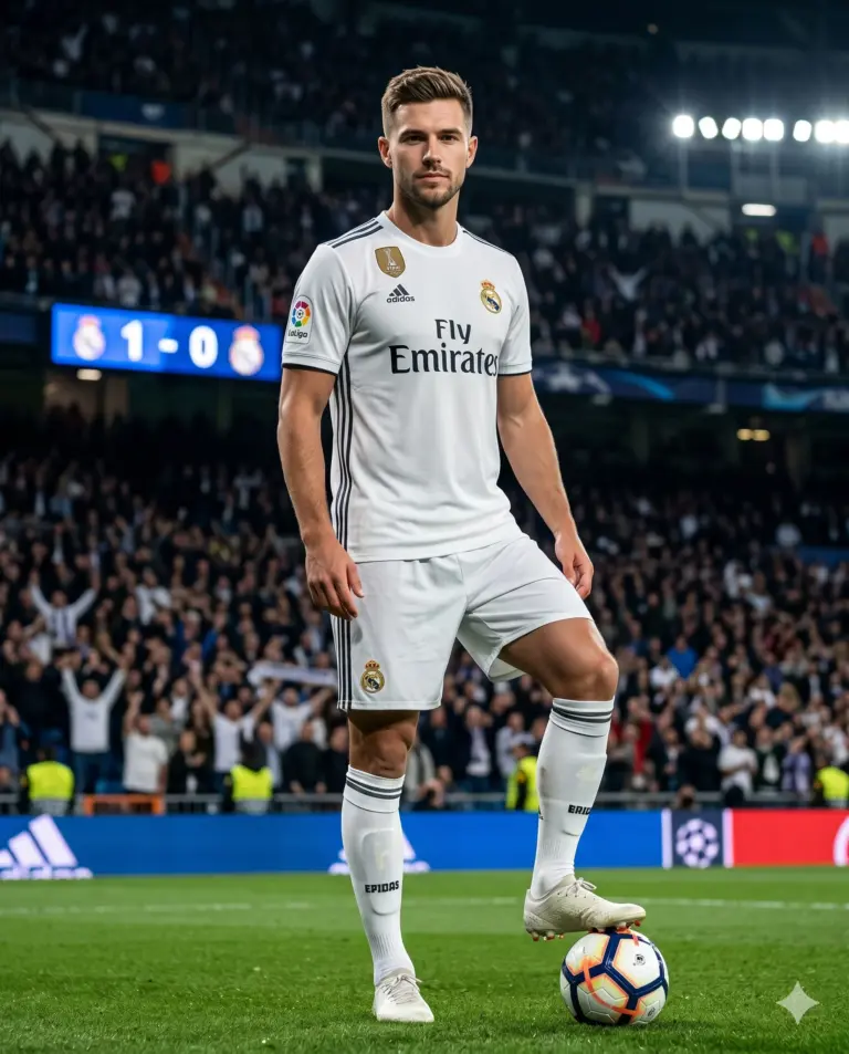 Soccer Player in White Kit AI Photo Editing Prompt. AI generated cinematic portrait of a soccer player in a white jersey standing with a ball in a packed stadium.