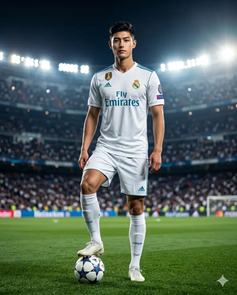Soccer Player Cinematic Photography Prompt. AI generated cinematic portrait of a young athlete in a white football kit standing on a stadium pitch at night with a ball under his foot.