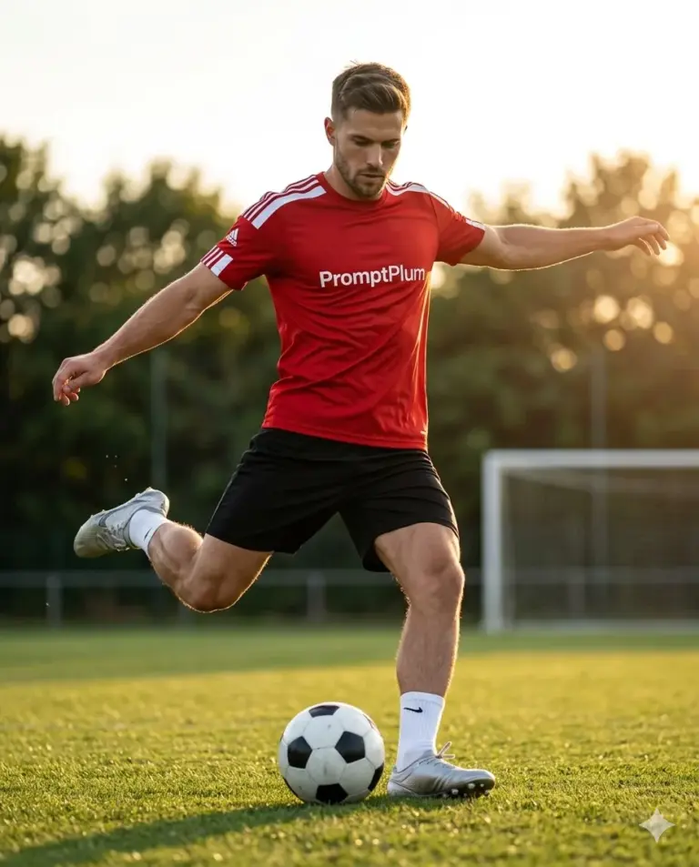 Soccer Player Kicking Ball AI Photo Editing Prompt. AI generated cinematic action portrait of a man in a red jersey kicking a soccer ball on a sunlit grassy field.