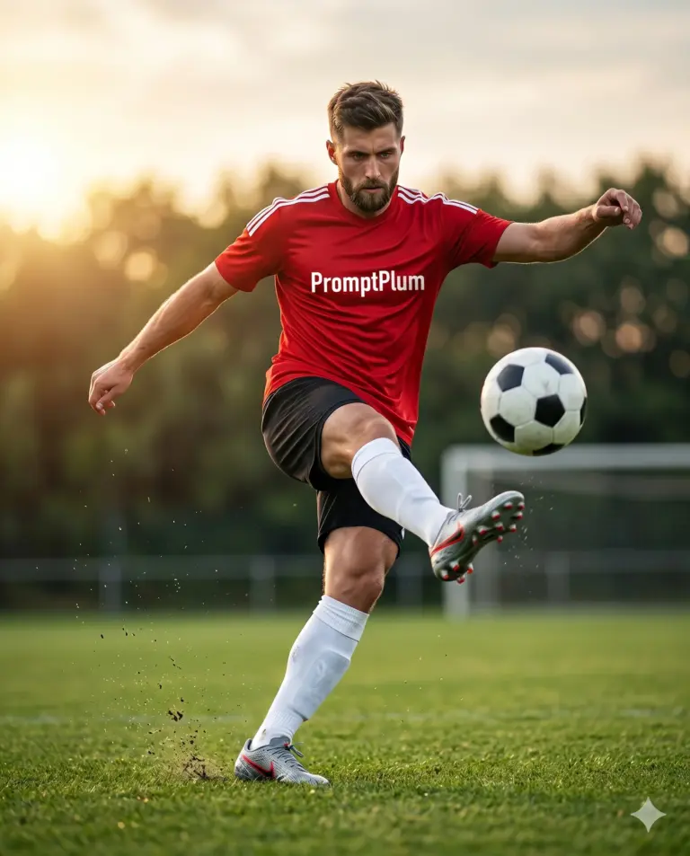 Soccer Player in Red Jersey AI Photo Editing Prompt. AI generated realistic digital illustration of a bearded man in a red jersey kicking a soccer ball on a grassy field at sunset.