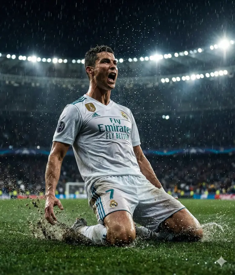 Cristiano Ronaldo in a Real Madrid kit, performing a knee-slide celebration in heavy rain. Cinematic stadium lighting with dramatic mud and water splashes.