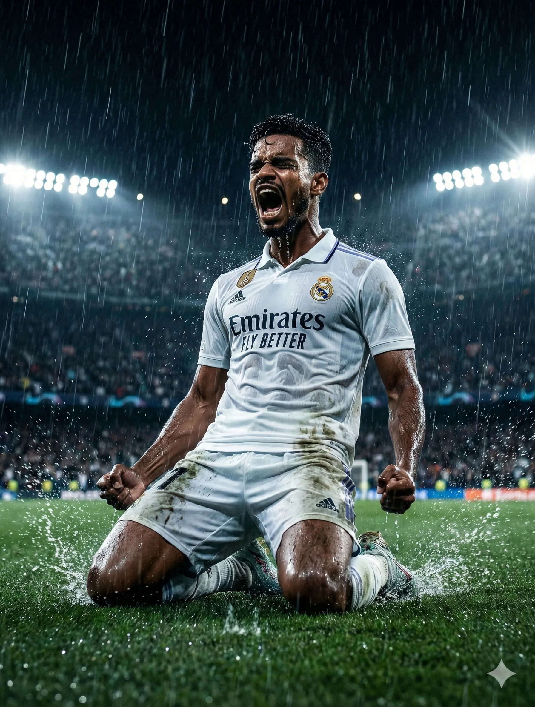 Real Madrid player in an intense knee slide celebration during heavy rain. Splashing water, muddy kit, and glowing stadium lights create a cinematic night scene.