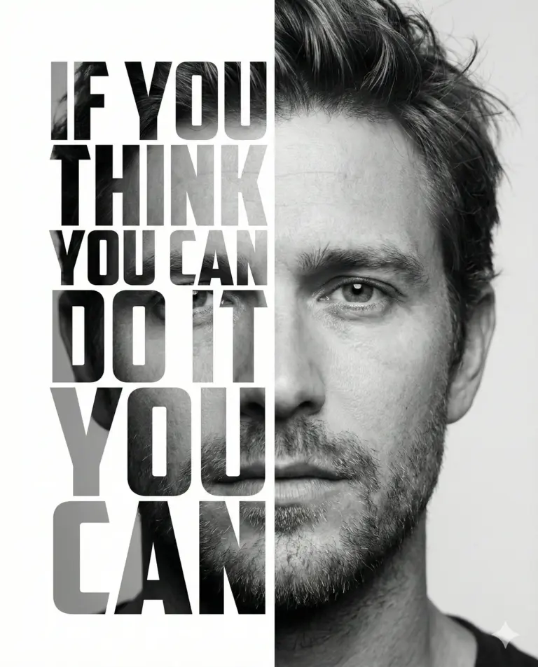 Split Face Motivational Typography AI Photo Editing Prompt. AI generated digital portrait of a man's face split with bold uppercase text reading "IF YOU THINK YOU CAN DO IT YOU CAN" in a black and white aesthetic.