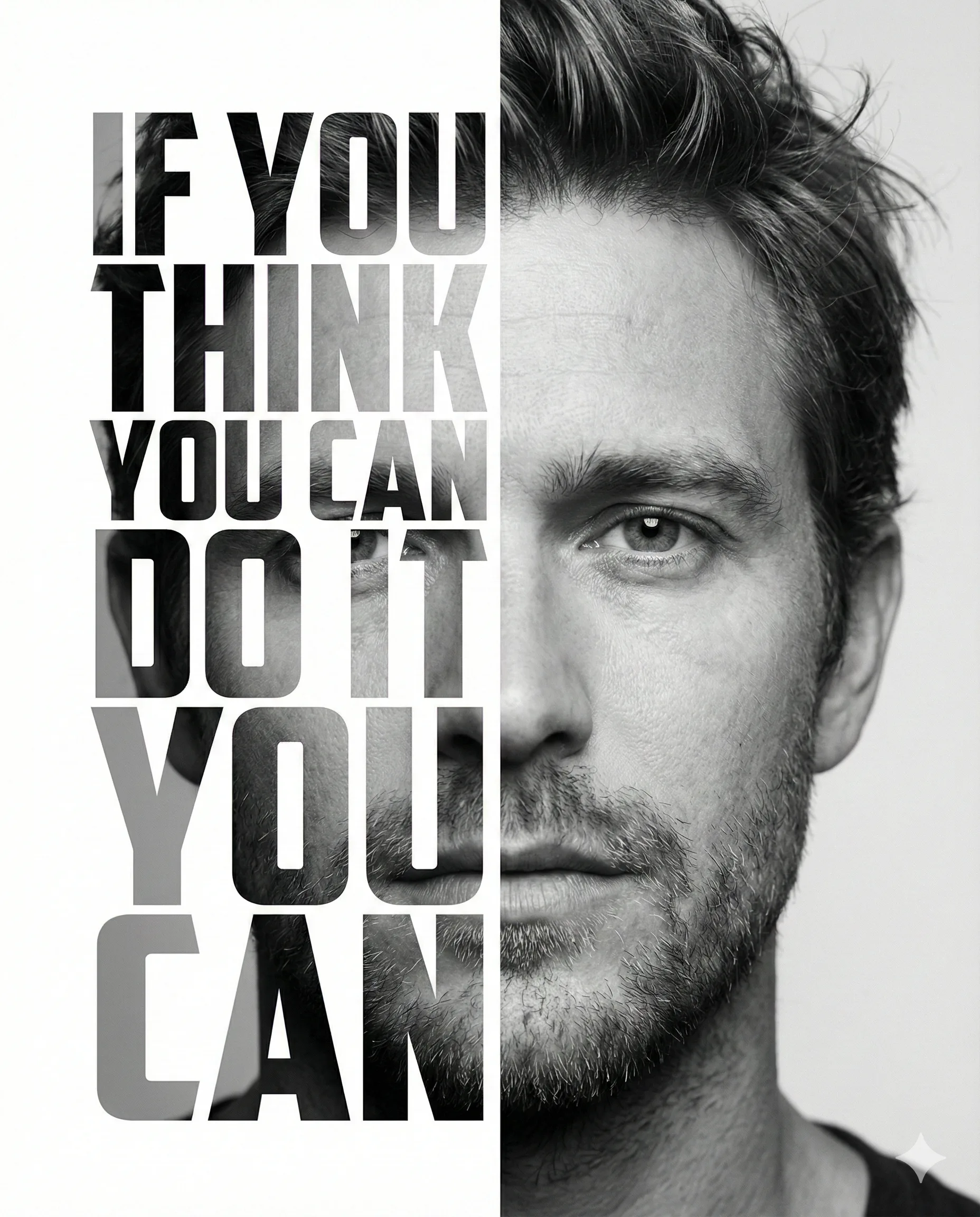 Split Face Motivational Typography AI Photo Editing Prompt. AI generated digital portrait of a man's face split with bold uppercase text reading "IF YOU THINK YOU CAN DO IT YOU CAN" in a black and white aesthetic.