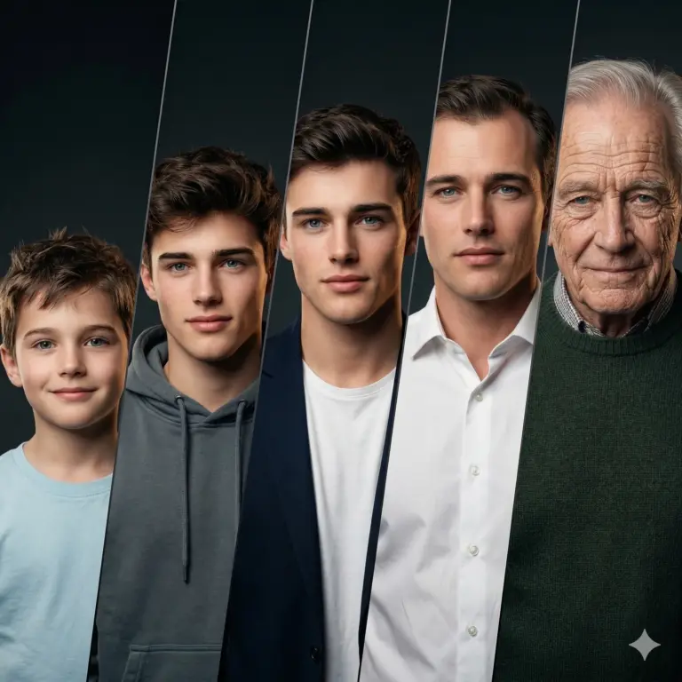 Stages of Aging Man Portrait AI Photo Editing Prompt. AI generated studio portrait featuring five vertical panels that depict the aging process of a man from childhood to old age.