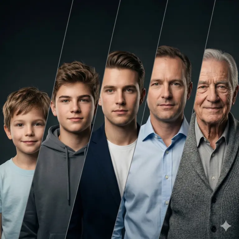 Aging Stages of a Man AI Photo Editing Prompt. AI generated studio portrait showing five vertical slices of a male's life progression from a young child to an elderly man.