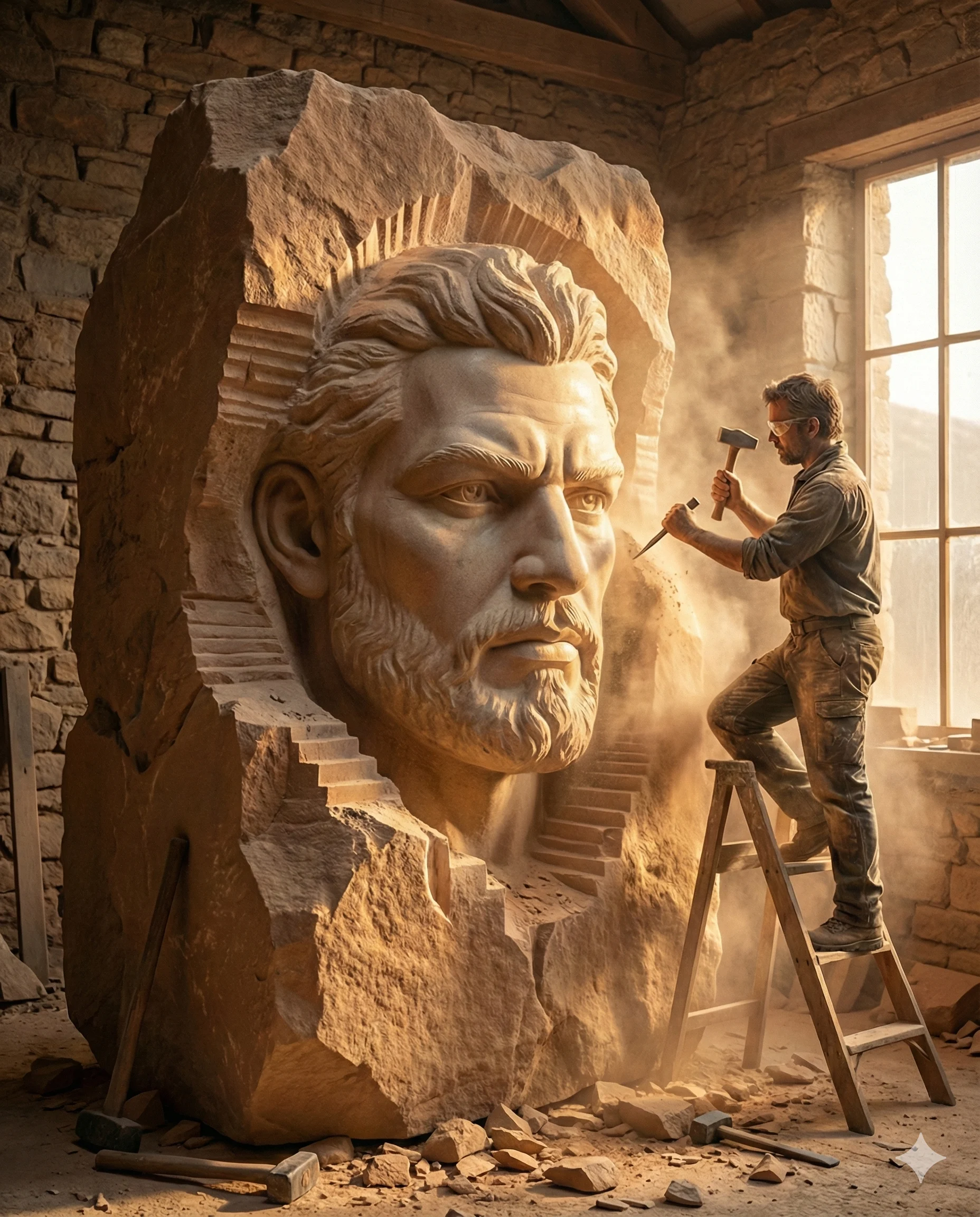 Sculptor Carving Giant Stone Face AI Art Prompt. AI generated digital art of an artist on a wooden ladder using a hammer and chisel to carve a massive, detailed bearded face from a stone block in a sunlit, dusty workshop.
