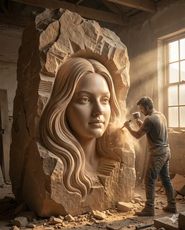 Sculptor Carving Giant Stone Face AI Art Prompt. AI generated cinematic digital art of a man meticulously carving a detailed female face from a massive rock in a sunlit, dusty studio.
