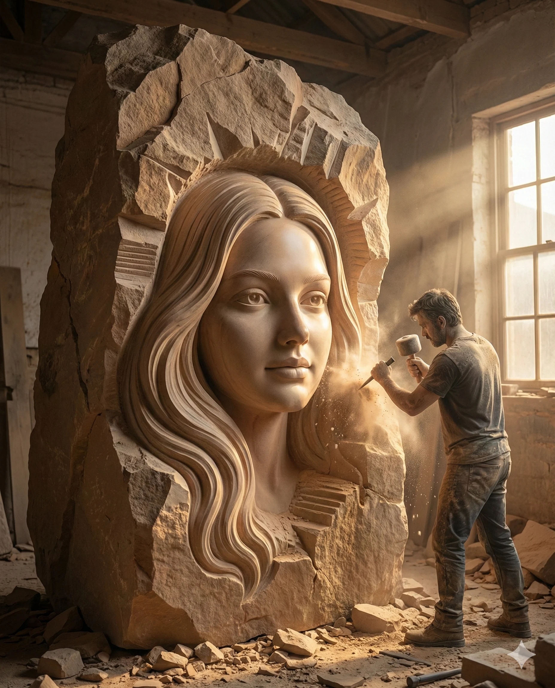 Sculptor Carving Giant Stone Face AI Art Prompt. AI generated cinematic digital art of a man meticulously carving a detailed female face from a massive rock in a sunlit, dusty studio.
