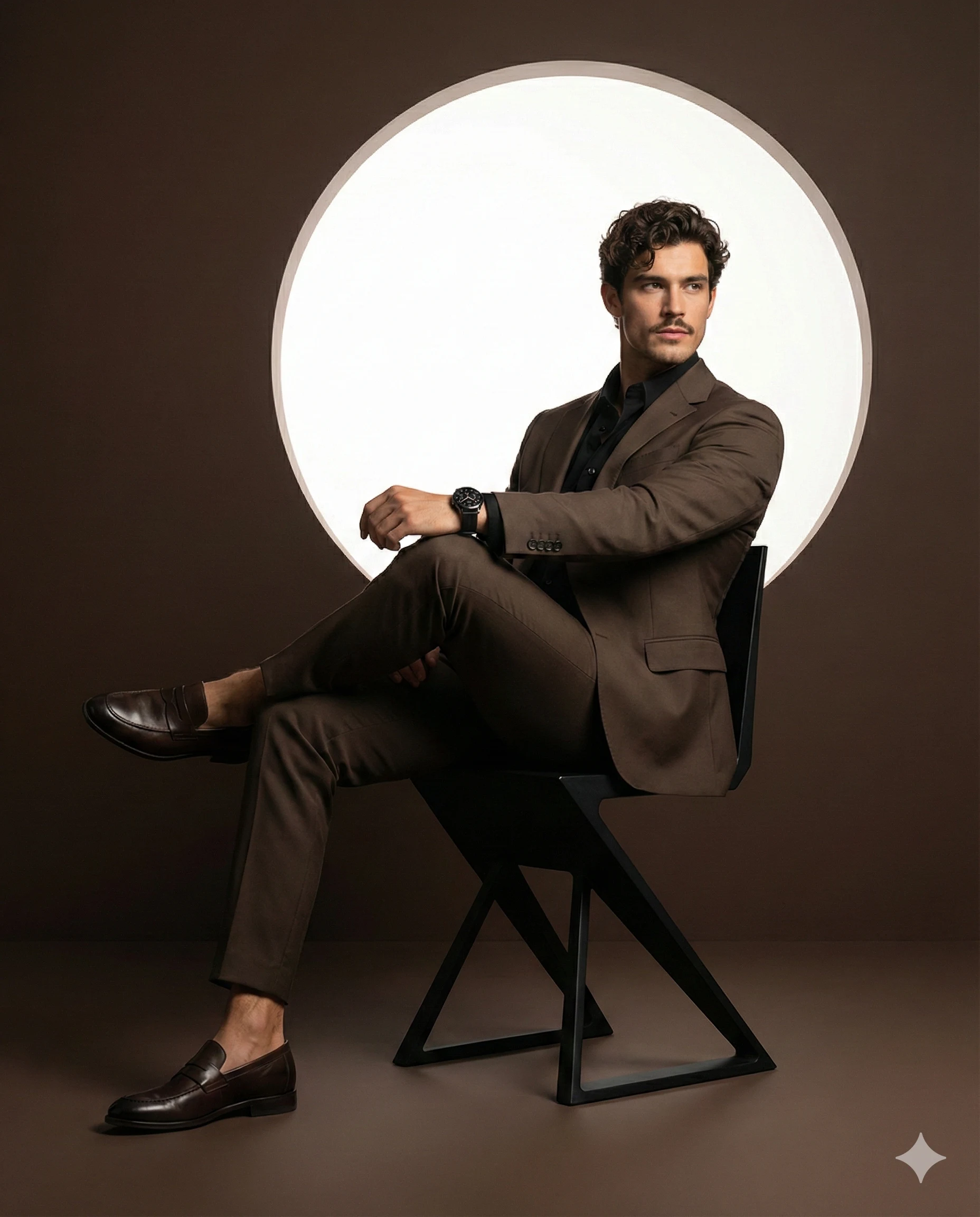 Editorial portrait of a man in a brown suit sitting on a modern chair, framed by a large circular light against a dark brown backdrop.