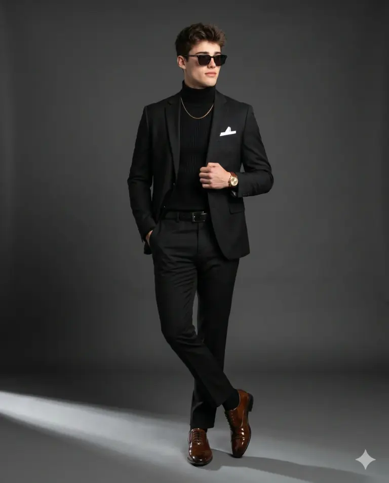 Sharp Man in Black Suit Studio Photography Prompt. AI generated studio portrait of a fashionable man in an all-black suit, turtleneck, and sunglasses posing with polished brown shoes.