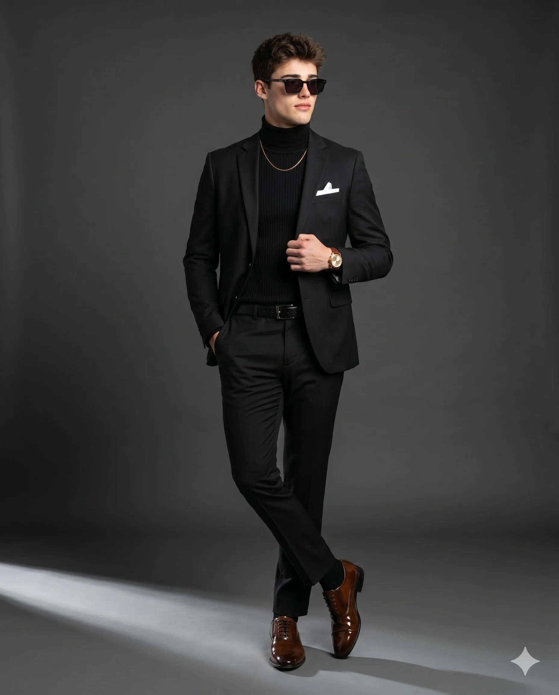 Sharp Man in Black Suit Studio Photography Prompt. AI generated studio portrait of a fashionable man in an all-black suit, turtleneck, and sunglasses posing with polished brown shoes.