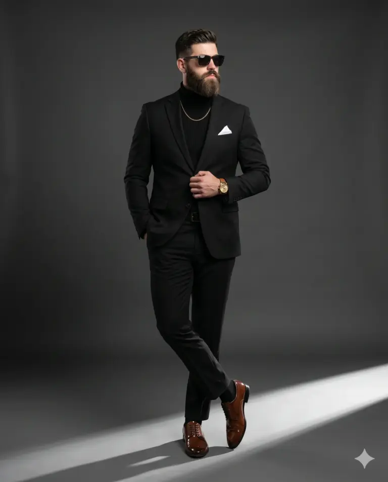 Stylish Man in Black Suit AI Photo Editing Prompt. AI generated studio portrait of a bearded man in a sleek black suit and turtleneck wearing sunglasses in cinematic lighting.