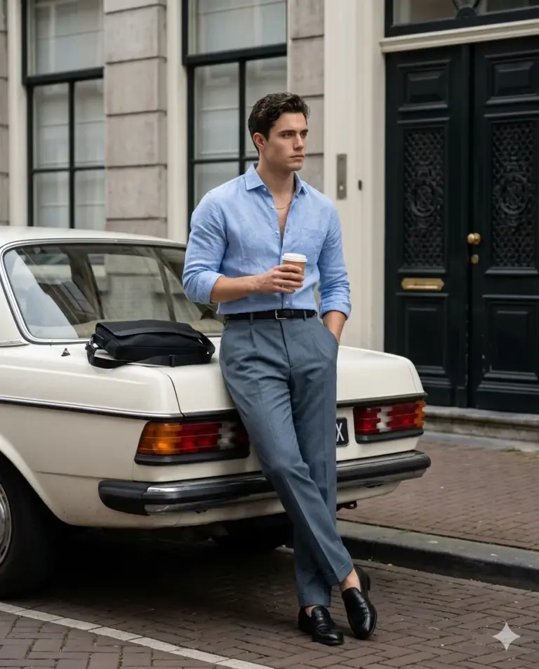 Stylish Man on Vintage Car AI Photo Editing Prompt. AI generated outdoor portrait of a young man in a blue linen shirt and grey trousers leaning against a white vintage Mercedes-Benz car, holding a coffee cup, on a cobbled street.