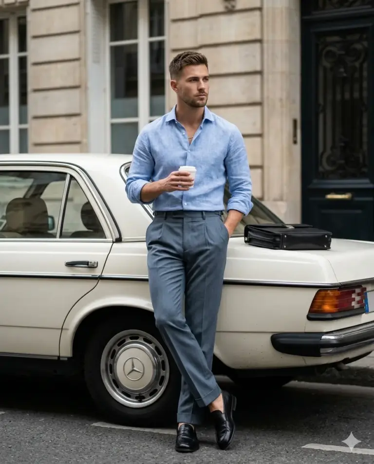 Man with Coffee and Vintage Mercedes AI Photo Editing Prompt. AI generated street-style portrait of a stylish man in a blue linen shirt leaning against a classic white car.