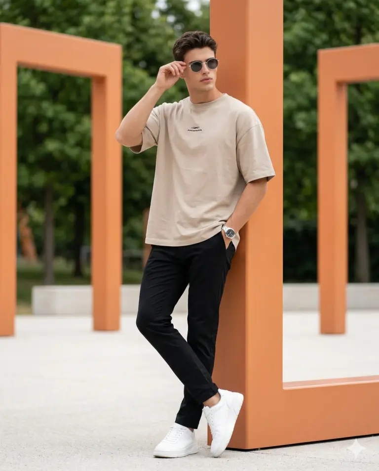Stylish Man in Beige Oversized Tee AI Photo Editing Prompt. AI generated outdoor lifestyle portrait of a fashionable young man in a beige t-shirt and black trousers posing by orange geometric structures.
