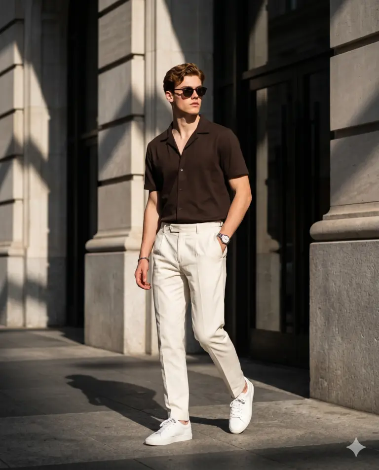 Old Money Style Photo Editing Prompt. AI generated street fashion portrait of a young man wearing a short-sleeved brown shirt, cream pleated trousers, and sunglasses walking beside a classic stone building.