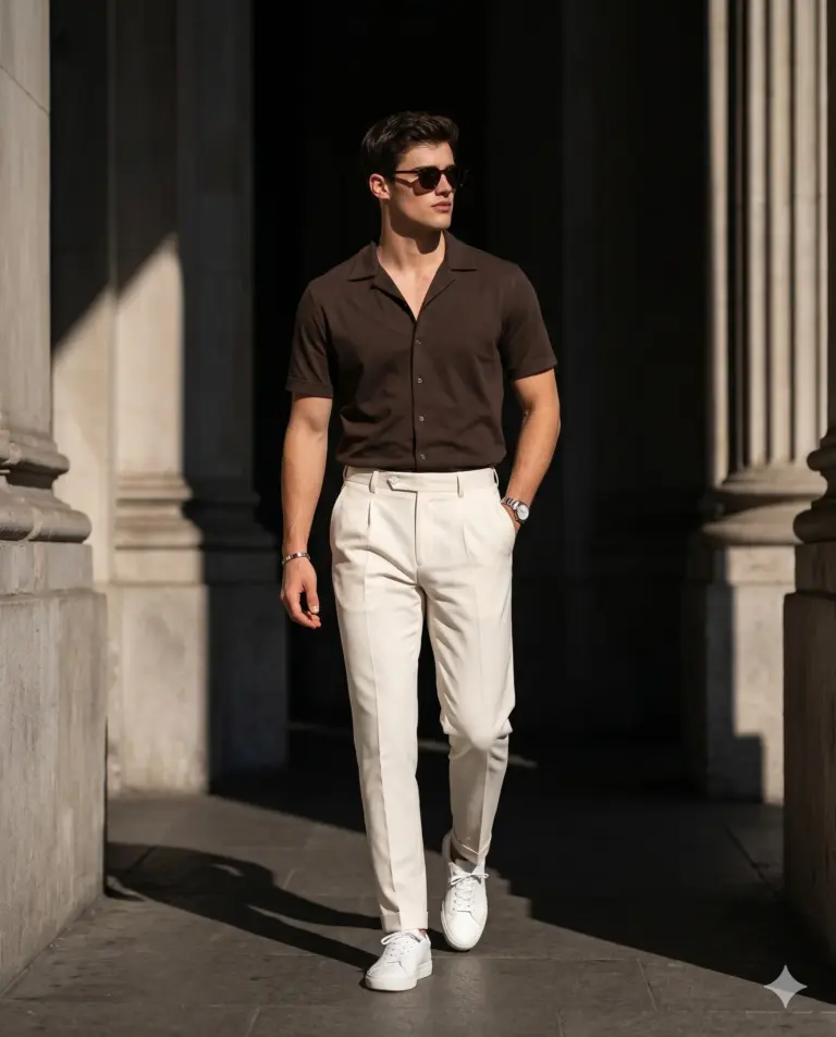 Man in Brown Polo and Cream Trousers AI Photo Editing Prompt. AI generated outdoor fashion portrait of a stylish man in sunglasses and tailored menswear walking through a sunlit stone colonnade.