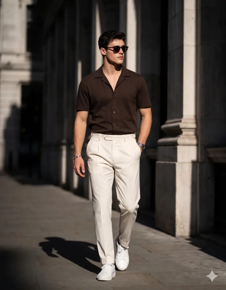 AI generated street style portrait of a handsome man walking outdoors wearing a brown short-sleeve shirt, tailored cream trousers, sunglasses, and white sneakers.