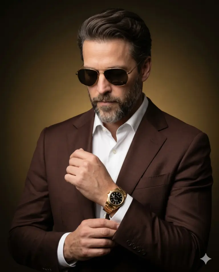 Brown Suit Man and Gold Watch AI Photo Editing Prompt. AI generated studio portrait of a well-dressed man wearing a brown suit, white shirt, aviator sunglasses, and a gold watch while adjusting his cufflink against a gradient brown background.