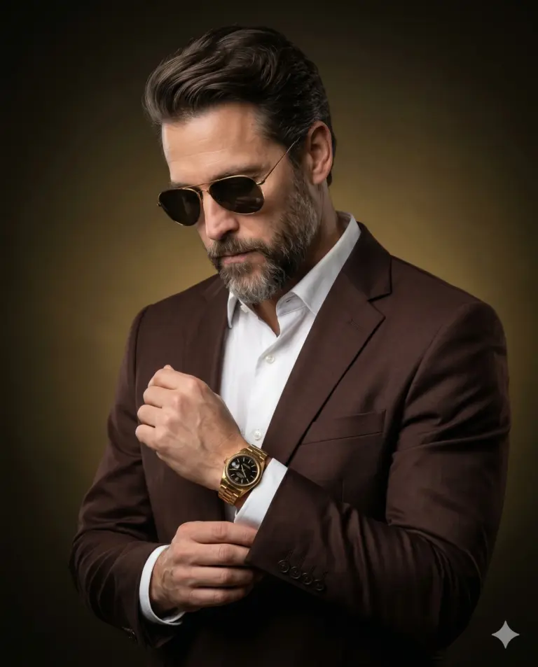 AI generated digital studio portrait of a bearded man wearing sunglasses and a gold watch, adjusting his cuff.