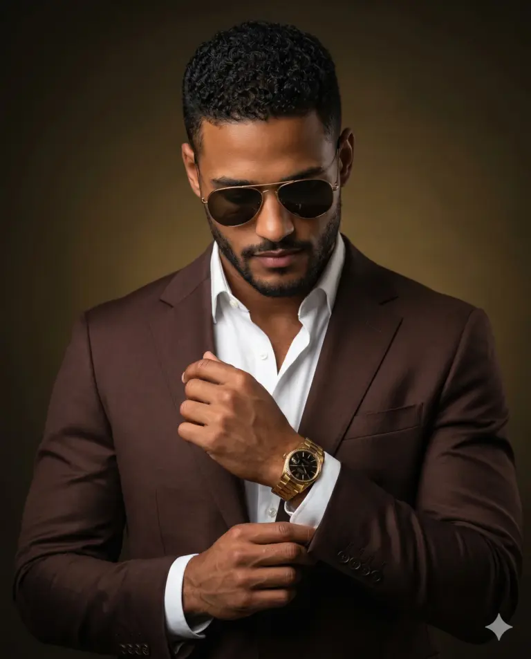 Stylish Man in Brown Suit AI Photo Editing Prompt. AI generated studio portrait of a bearded man wearing aviator sunglasses and a brown suit while adjusting his cufflink.