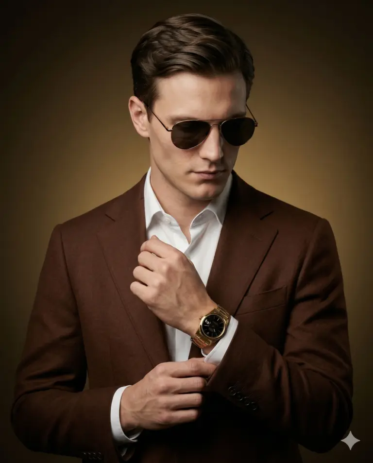 Man Professional Photography Prompt. AI generated studio portrait of a man in a brown suit jacket, white shirt, and aviator sunglasses, adjusting his gold wristwatch against a gradient brown background.
