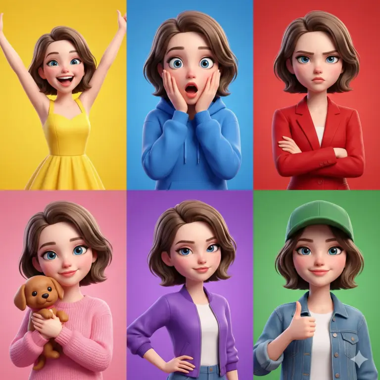 A 6-panel grid of a stylized 3D character showcasing diverse emotions (joy, shock, anger, affection, confidence, and approval) against vibrant, solid-colored backgrounds.
