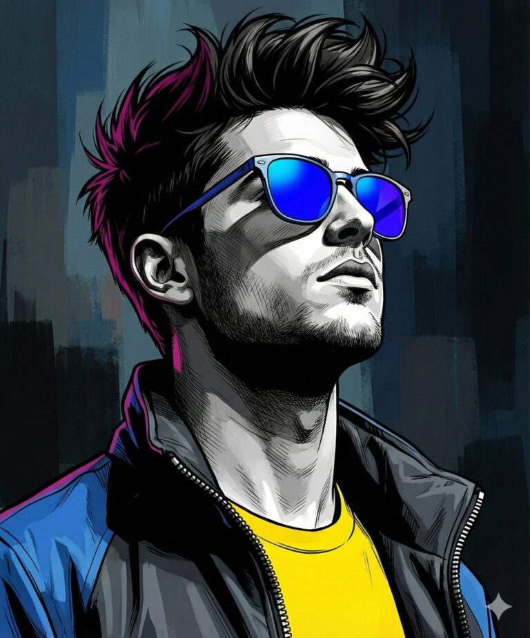 Stylish Man in Blue Sunglasses AI Art Prompt. AI generated digital illustration of a man with spiky dark hair and blue sunglasses wearing a yellow t-shirt and a two-tone jacket.